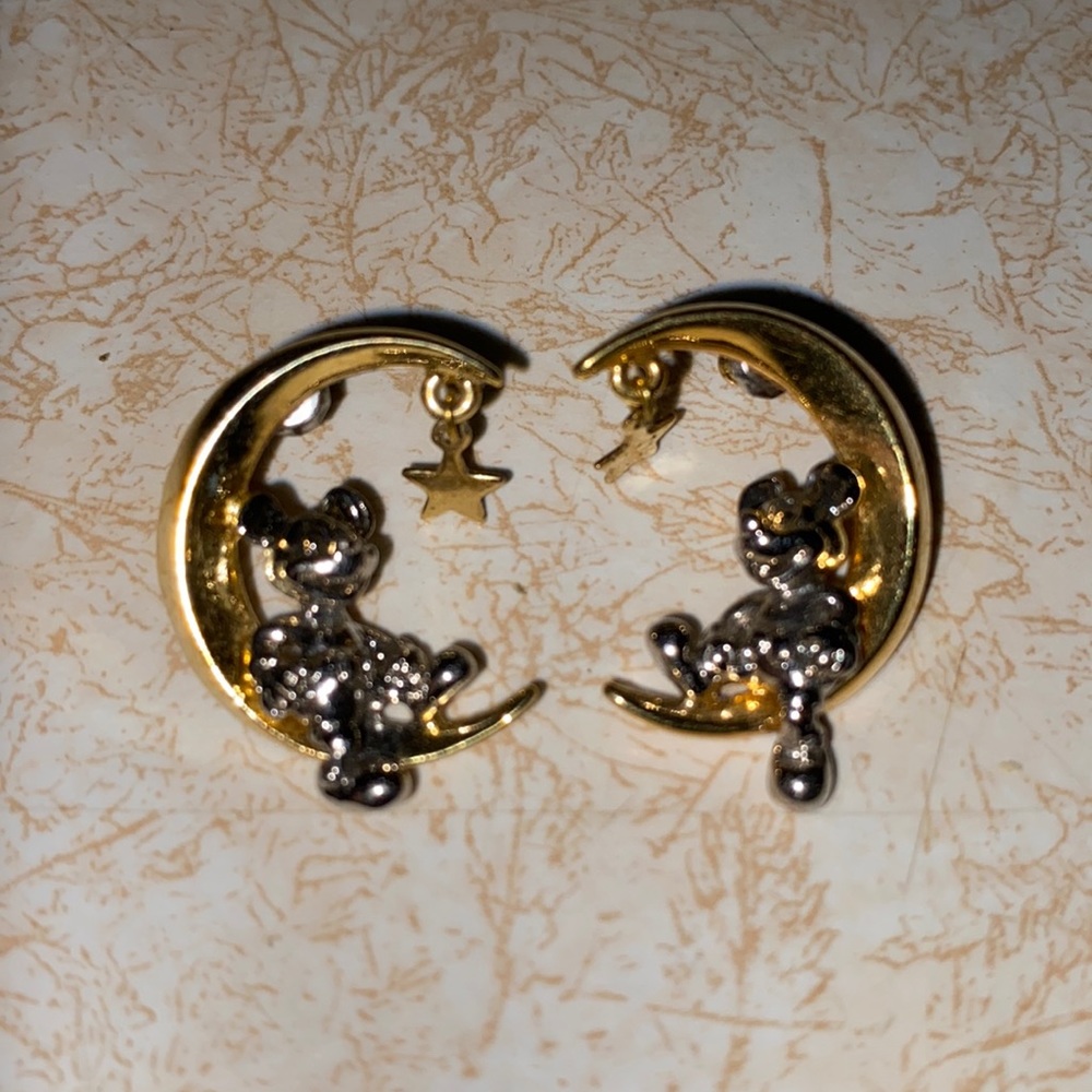 Disney Gold & Silver Tone Mickey Mouse on a Crescent Moon Pierced Earrings